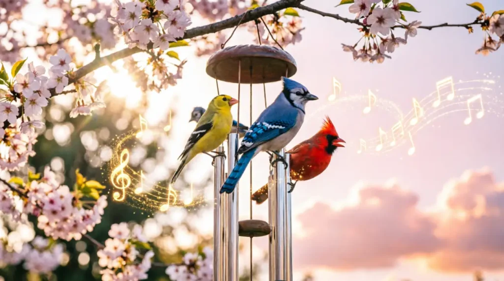 The birds chirped like a cheerful wind chime
