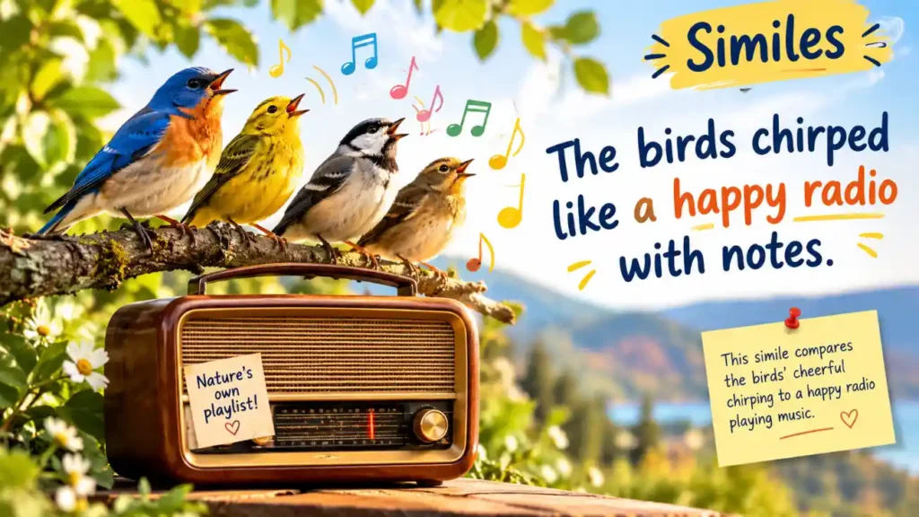 The birds chirped like a happy radio