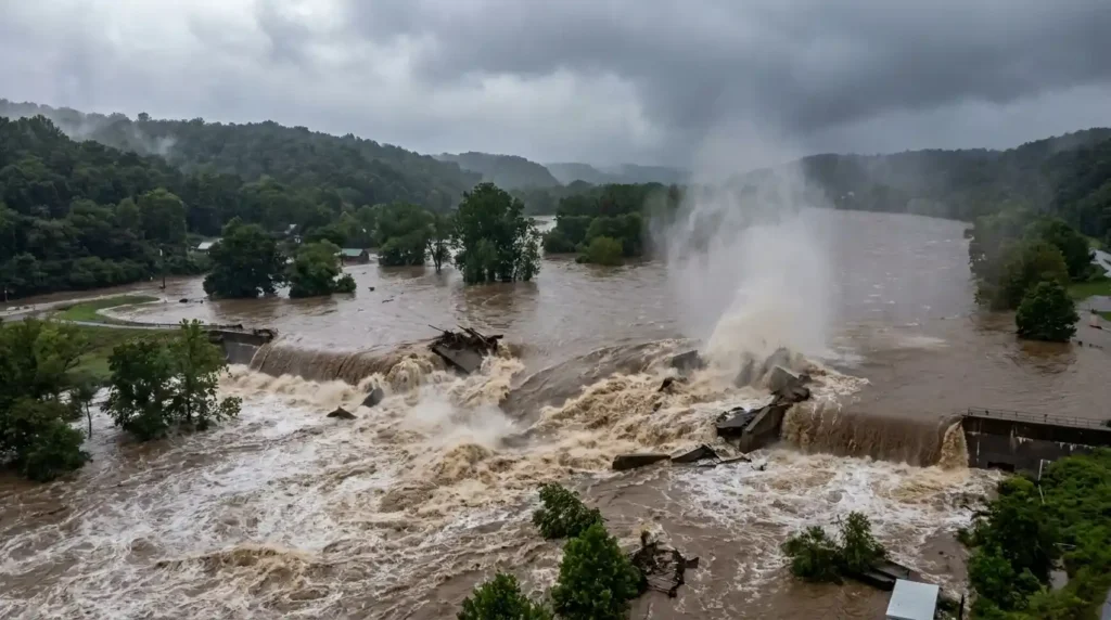 The river burst like an opened bottle
