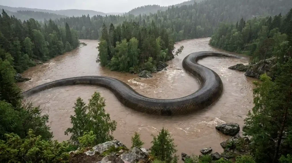 The river swelled like a giant snake