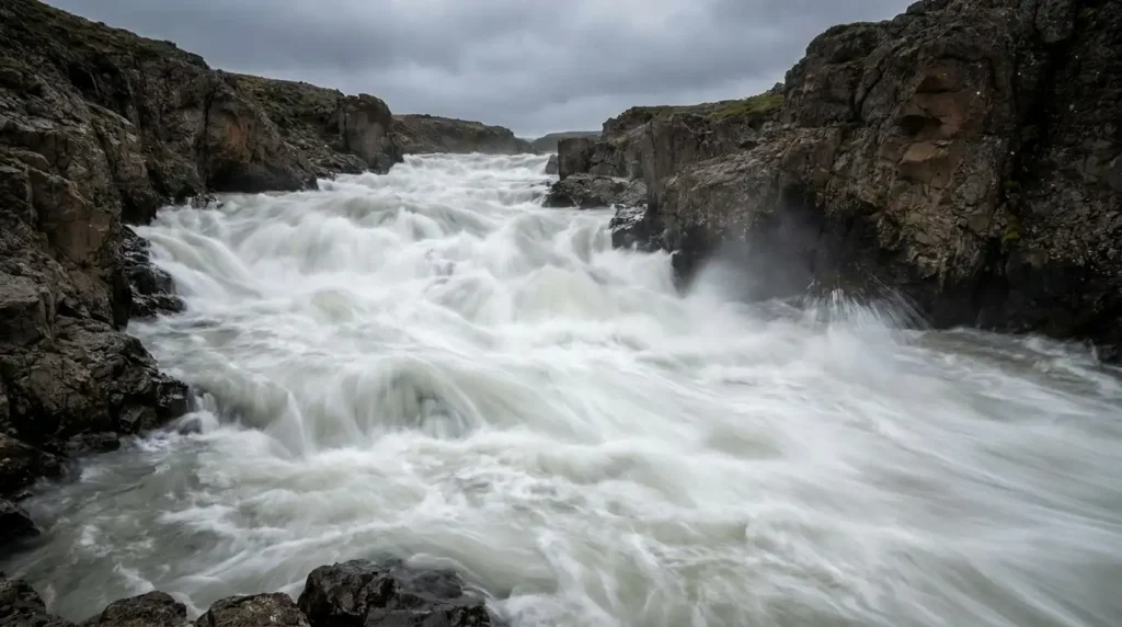  The water rushed like a wild river